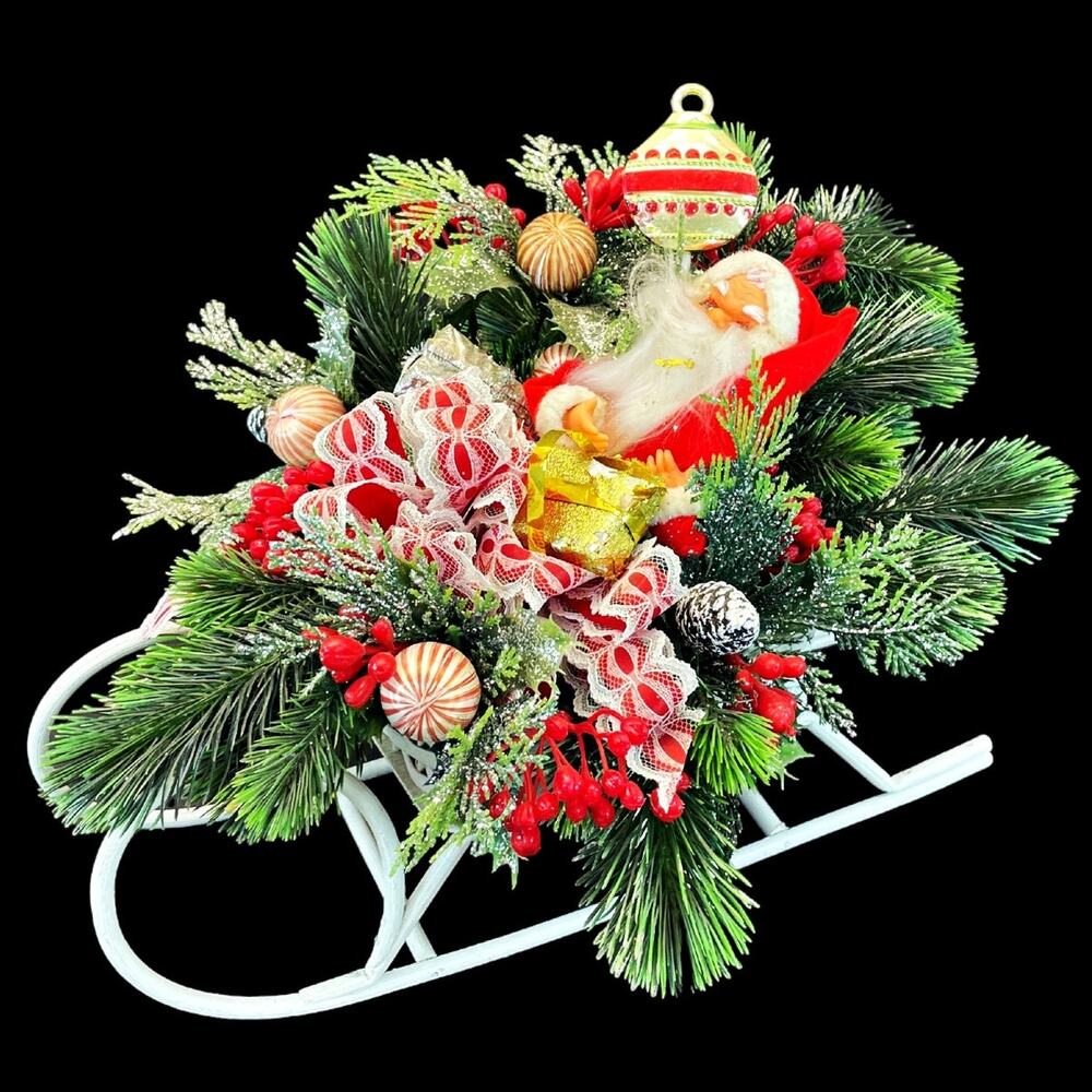 Vintage Authentic White Wicker Sleigh Filled w/ Pine Presents & Santa